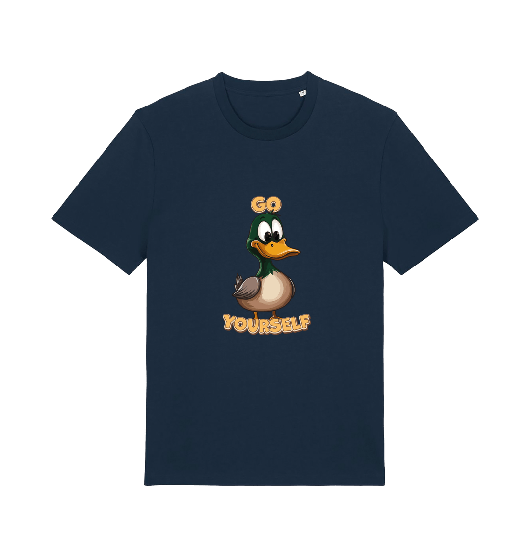 navy funny offensive t-shirt with the graphic of a cartoon duck and the slogan 'duck yourself'