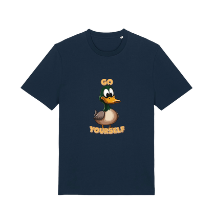 navy funny offensive t-shirt with the graphic of a cartoon duck and the slogan 'duck yourself'