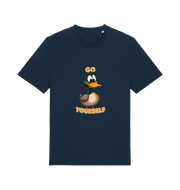navy funny offensive t-shirt with the graphic of a cartoon duck and the slogan 'duck yourself'