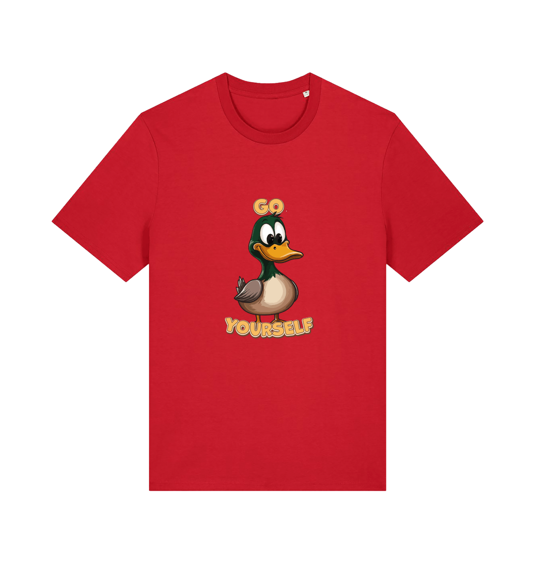 red funny offensive t-shirt with the graphic of a cartoon duck and the slogan 'duck yourself'