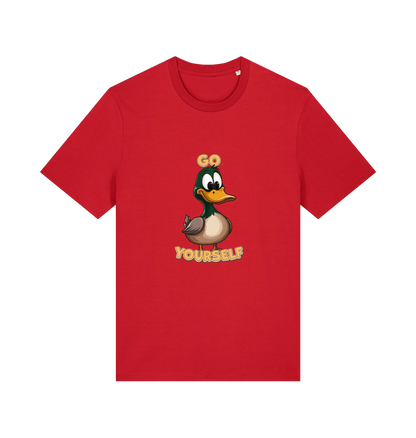 red funny offensive t-shirt with the graphic of a cartoon duck and the slogan 'duck yourself'