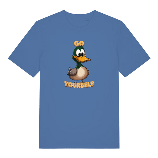 blue women's funny offensive t-shirt with the graphic of a duck and the words 'go yourself'