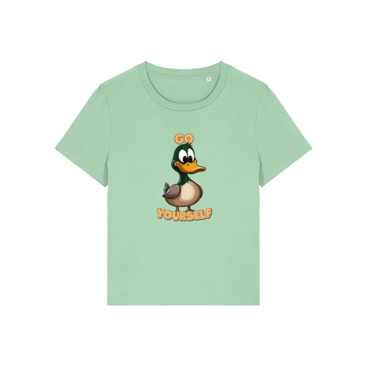 green funny animal t-shirt with the graphic of a duck and the slogan 'do yourself'