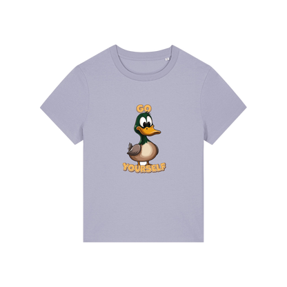 lavender funny animal t-shirt with the graphic of a duck and the slogan 'do yourself'