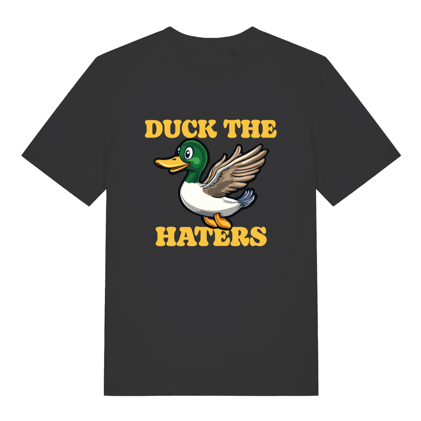 black funny animal t-shirt with the graphic of a duck and the slogan 'duck the haters'
