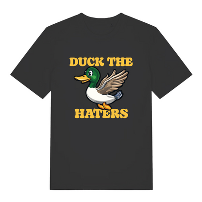black funny animal t-shirt with the graphic of a duck and the slogan 'duck the haters'