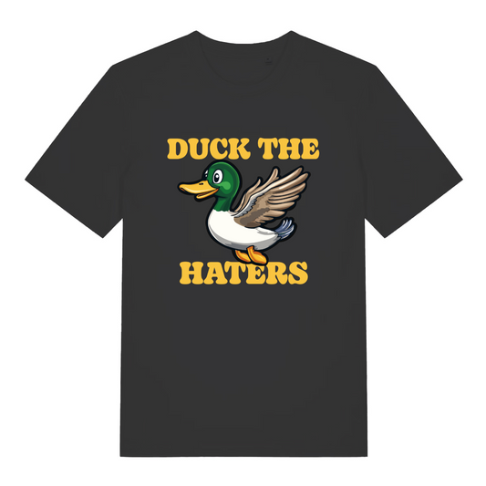 black funny animal t-shirt with the graphic of a duck and the slogan 'duck the haters'