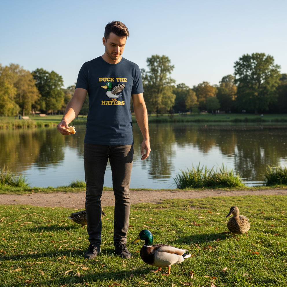 Man in a park with ducks near a pond wearing a t-shirt with text.