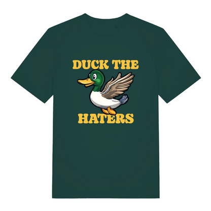 green funny animal t-shirt with the graphic of a duck and the slogan 'duck the haters'