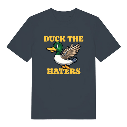 ink grey funny animal t-shirt with the graphic of a duck and the slogan 'duck the haters'