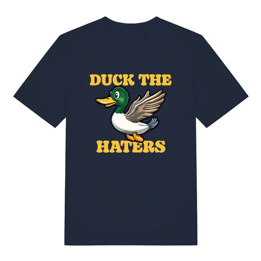 navy funny animal t-shirt with the graphic of a duck and the slogan 'duck the haters'