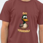 Maroon funny graphic t-shirt with cartoon duck and text 'Go Yourself' on a plain background