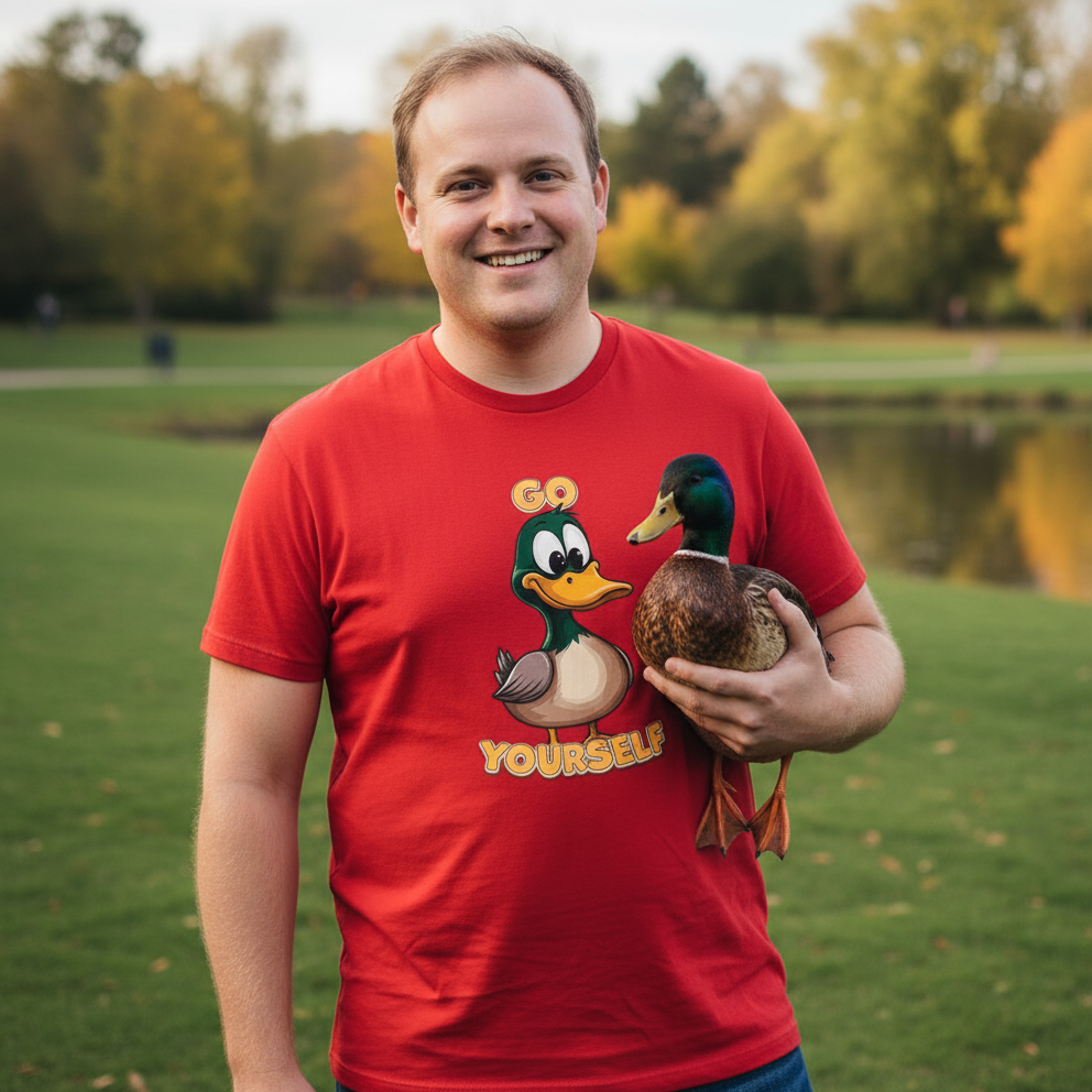 Man wearing a red t-shirt with a duck graphic holding a real duck in a park setting