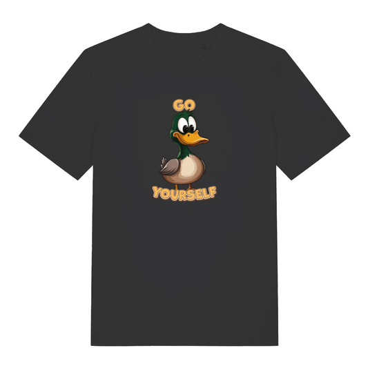 black funny offensive t-shirt with the graphic of a duck and the words 'go yourself'