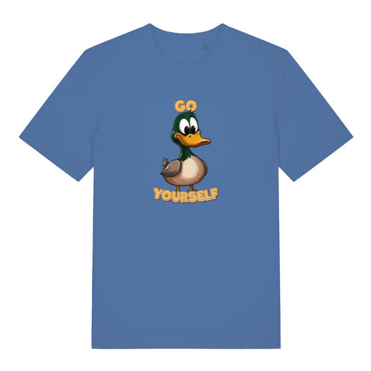 blue funny offensive t-shirt with the graphic of a duck and the words 'go yourself'