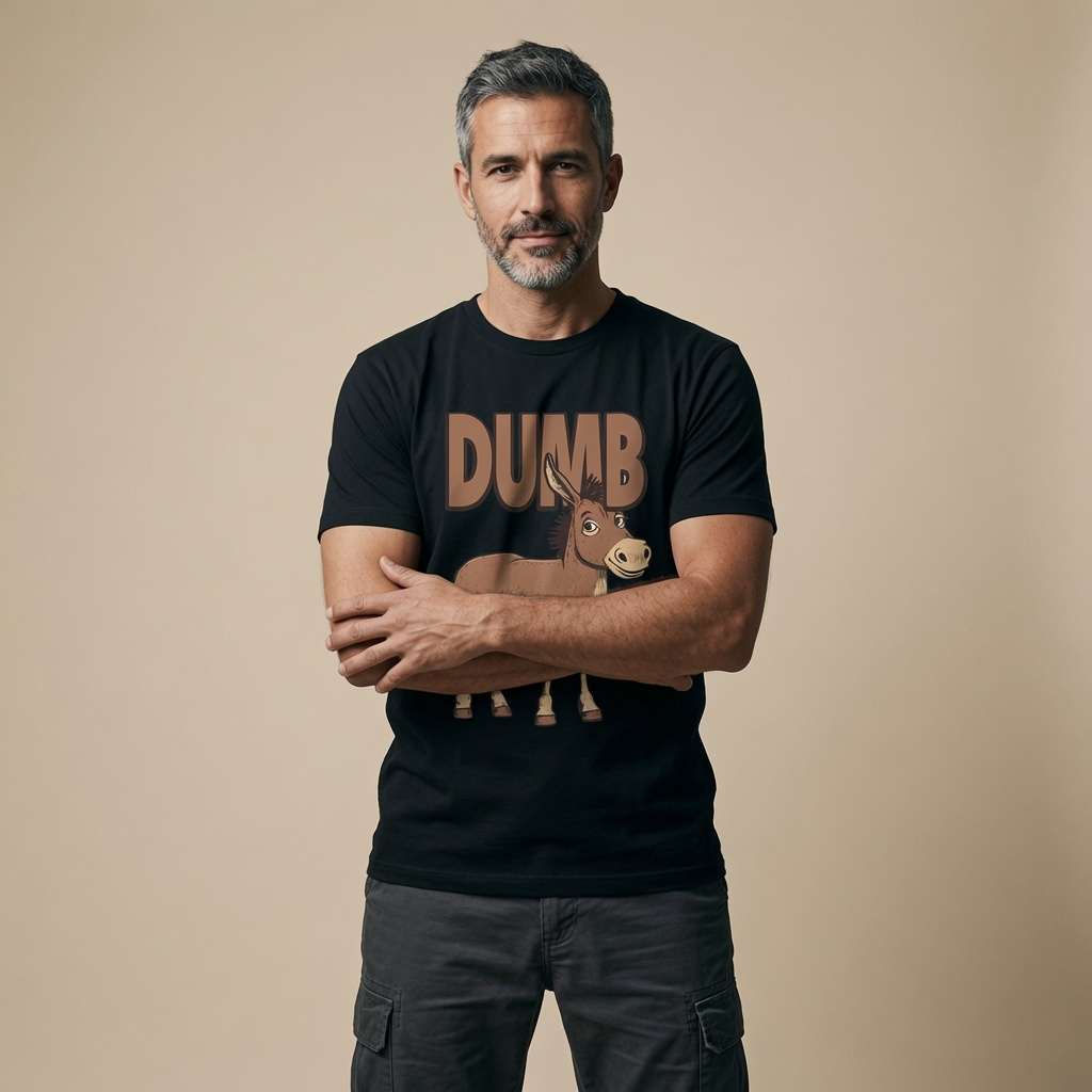 Man with arms crossed in black Dumb Ass tee, funny witty donkey ass mens graphic
