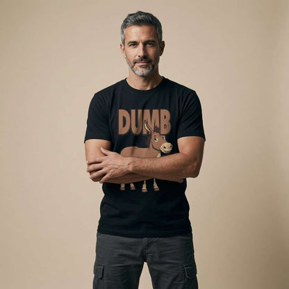 Man with arms crossed in black Dumb Ass tee, funny witty donkey ass mens graphic