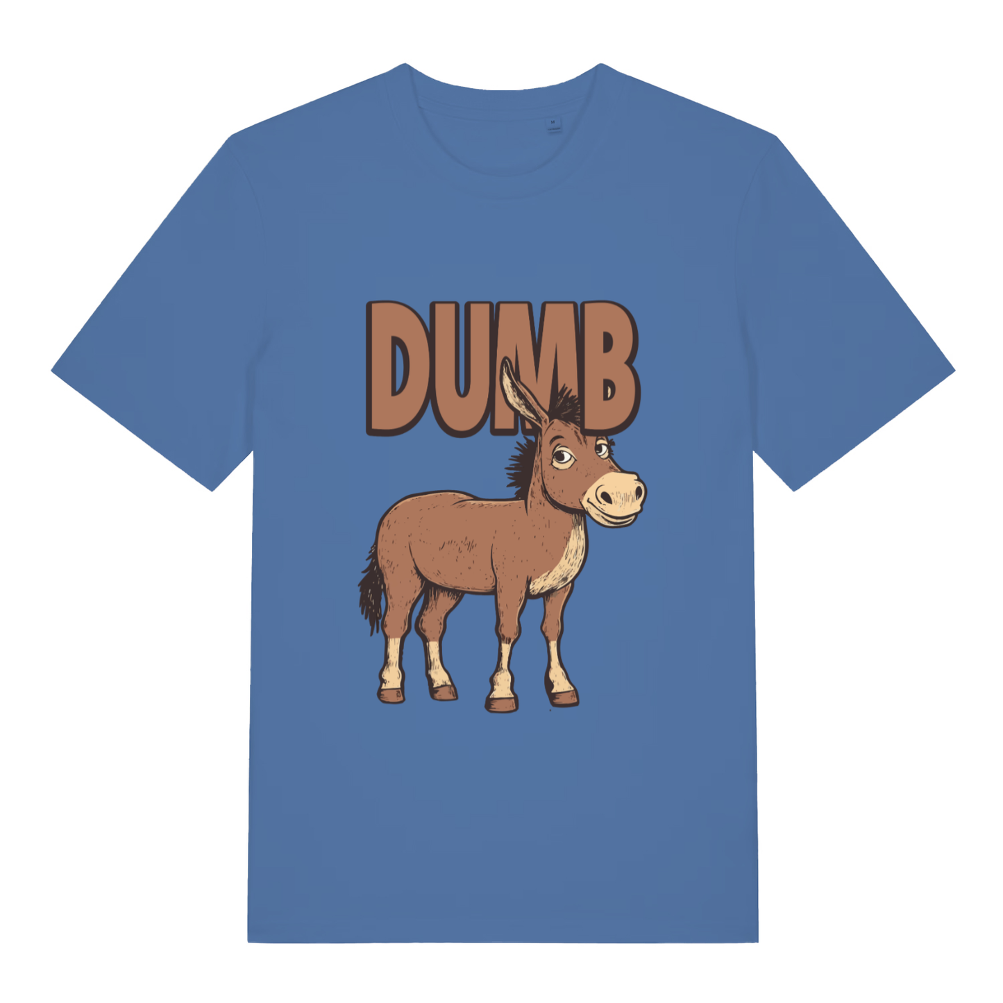 Bright Blue Dumb Ass T-shirt flat lay featuring cartoon donkey "Dumb Ass" design
