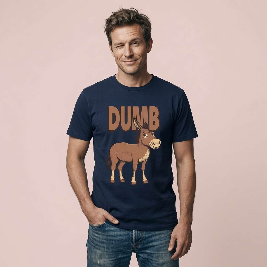 Man winking with hand in pocket in french navy Dumb Ass t-shirt, fun witty donkey ass graphic