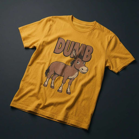 Spectra yellow Dumb Ass t-shirt featuring cartoon donkey, funny cheeky ass donkey graphic