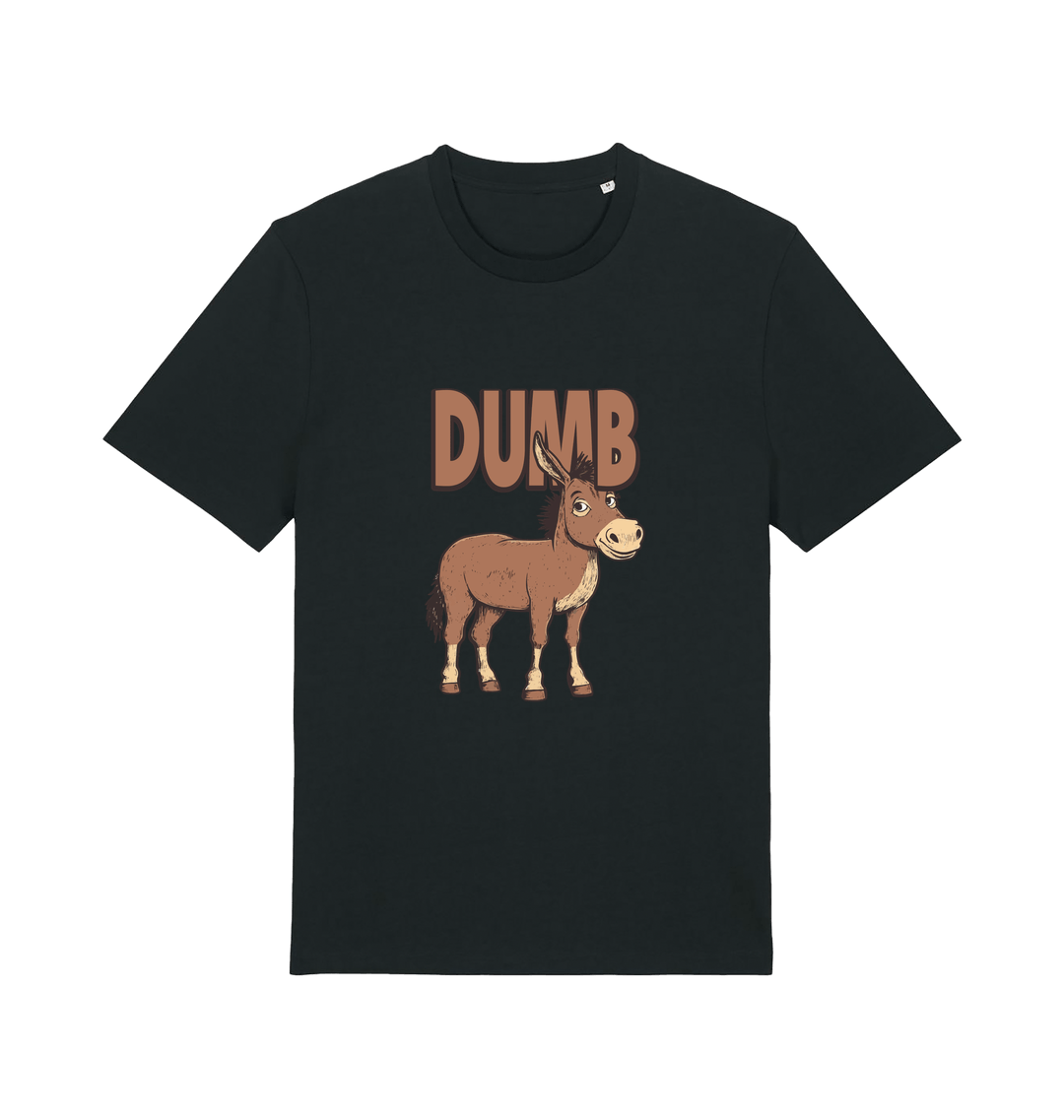 Black funny offensive t-shirt with a cartoon donkey and  the slogan 'DUMB' 