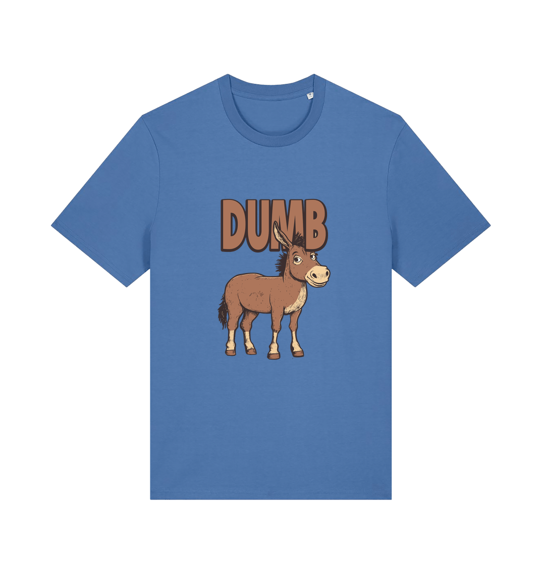 blue funny offensive t-shirt with a cartoon donkey and  the slogan 'DUMB' 