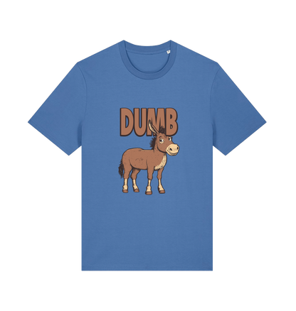 blue funny offensive t-shirt with a cartoon donkey and  the slogan 'DUMB' 