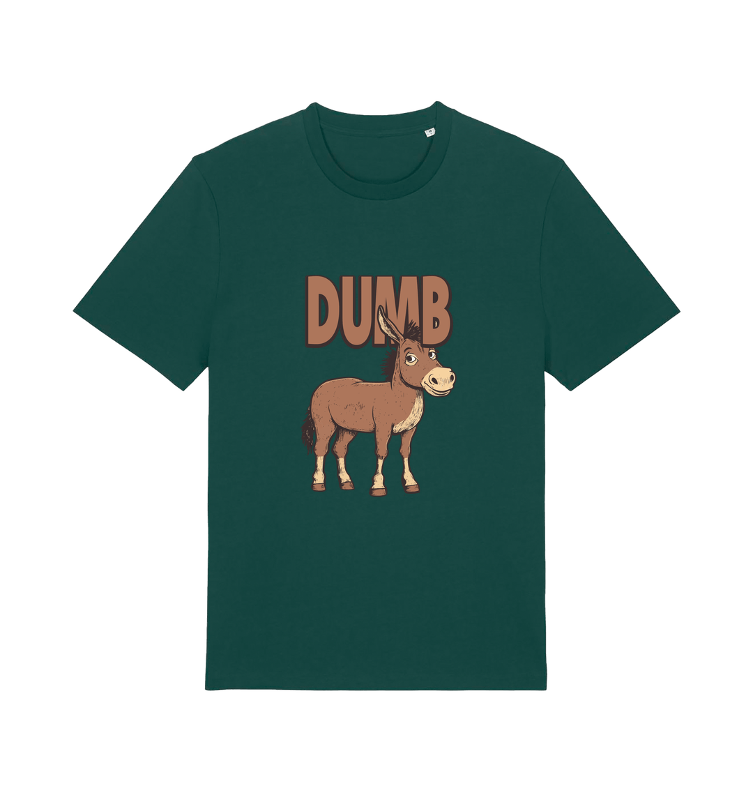 green funny offensive t-shirt with a cartoon donkey and  the slogan 'DUMB' 