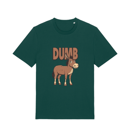 green funny offensive t-shirt with a cartoon donkey and  the slogan 'DUMB' 