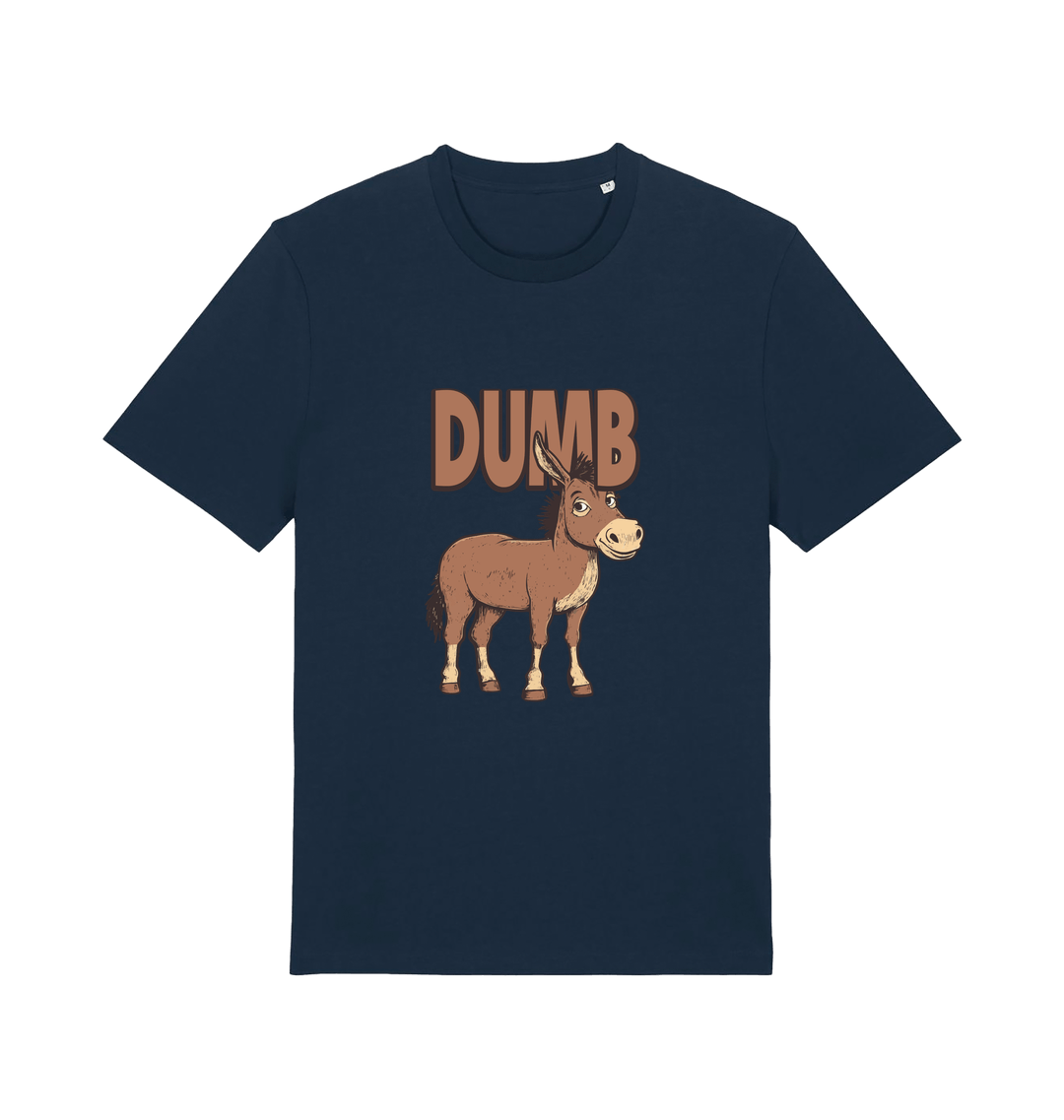 navy funny offensive t-shirt with a cartoon donkey and  the slogan 'DUMB' 