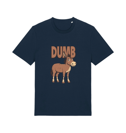 navy funny offensive t-shirt with a cartoon donkey and  the slogan 'DUMB' 