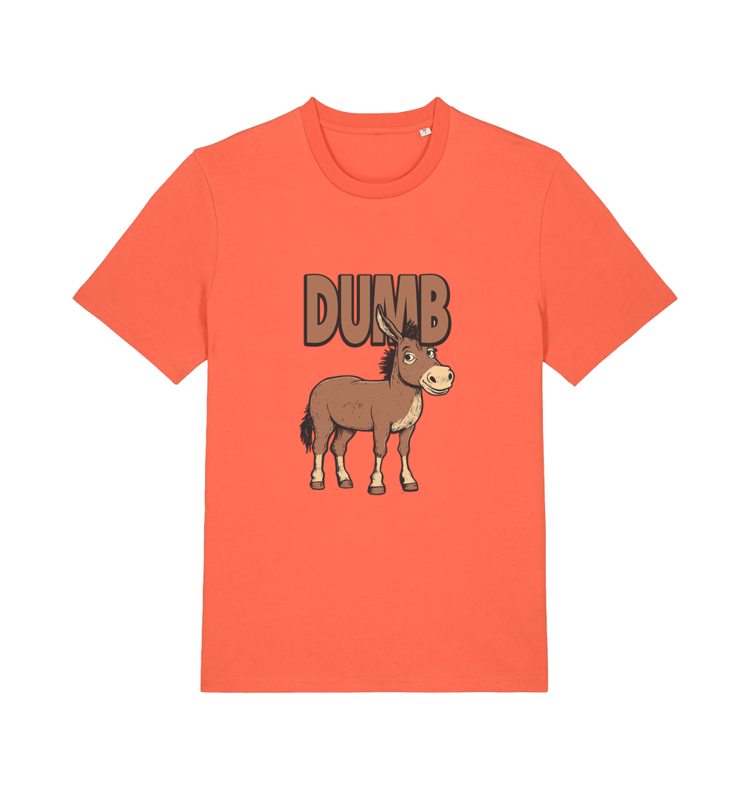 orange funny offensive t-shirt with a cartoon donkey and  the slogan 'DUMB' 