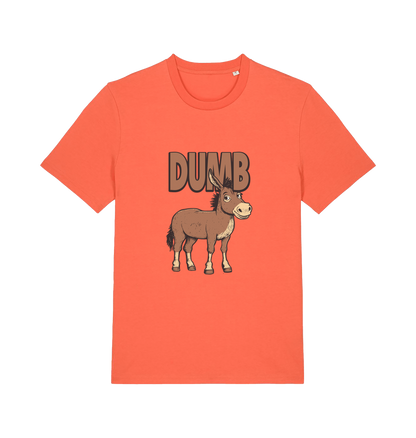 orange funny offensive t-shirt with a cartoon donkey and  the slogan 'DUMB' 