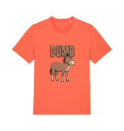 orange funny offensive t-shirt with a cartoon donkey and  the slogan 'DUMB' 