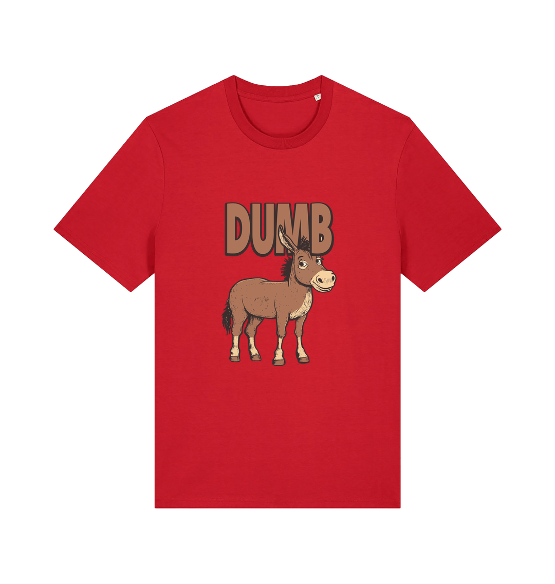 red funny offensive t-shirt with a cartoon donkey and  the slogan 'DUMB' 
