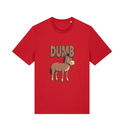 red funny offensive t-shirt with a cartoon donkey and  the slogan 'DUMB' 