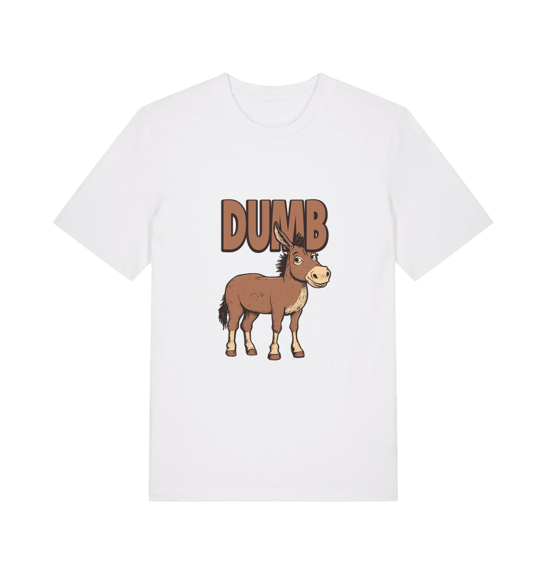 white funny offensive t-shirt with a cartoon donkey and  the slogan 'DUMB' 