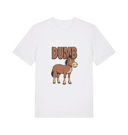 white funny offensive t-shirt with a cartoon donkey and  the slogan 'DUMB' 