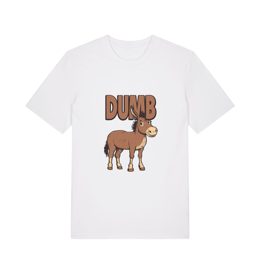 white funny offensive t-shirt with a cartoon donkey and  the slogan 'DUMB' 