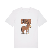 white funny offensive t-shirt with a cartoon donkey and  the slogan 'DUMB' 
