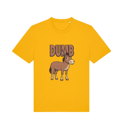 yellow funny offensive t-shirt with a cartoon donkey and  the slogan 'DUMB' 