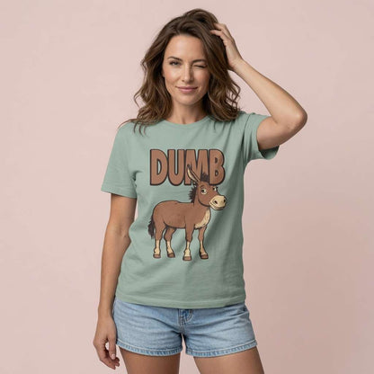 Woman winking with hand in hair in aloe Dumb Ass tee, funny cheeky ass pun graphic