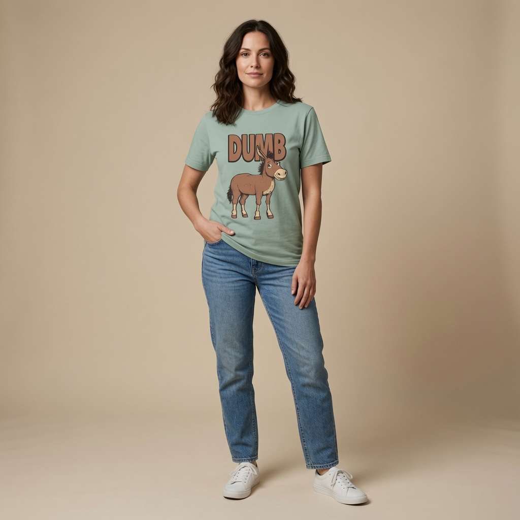 Woman standing with hand in pocket in aloe Dumb Ass t-shirt, witty cheeky ass donkey pun