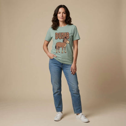 Woman standing with hand in pocket in aloe Dumb Ass t-shirt, witty cheeky ass donkey pun