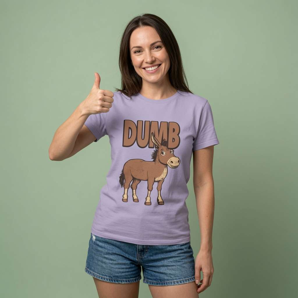 Smiling woman giving thumbs up in lavender Dumb Ass tee, cheeky fun ass pun graphic animal