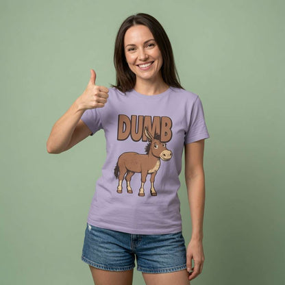 Smiling woman giving thumbs up in lavender Dumb Ass tee, cheeky fun ass pun graphic animal