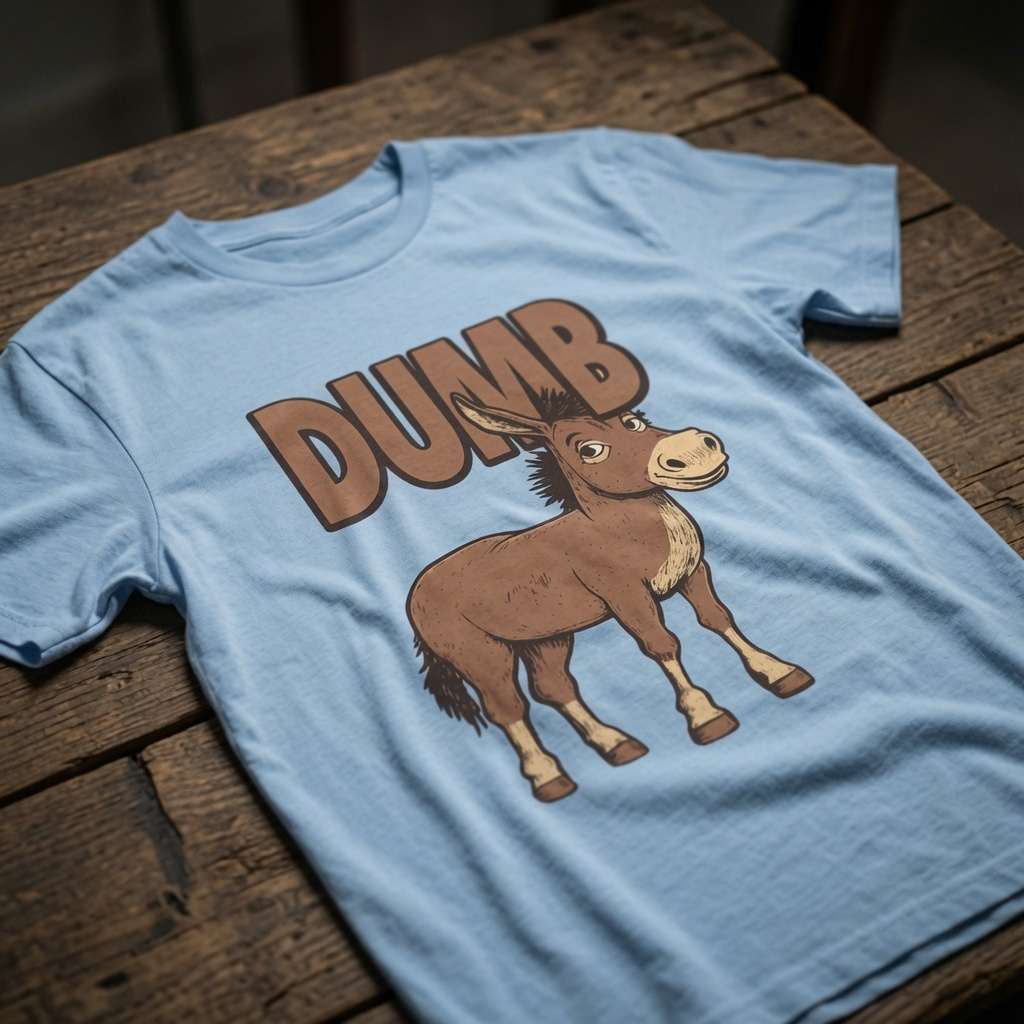 Light blue Dumb Ass t-shirt on wood featuring cartoon donkey, cheeky funny ass donkey graphic