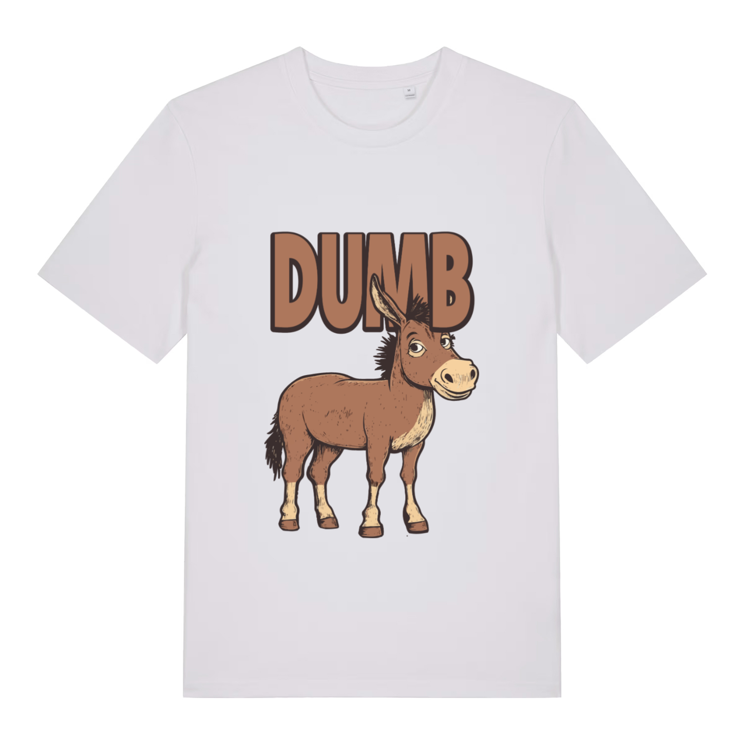 White women's Dumb Ass T-shirt flat lay with clean donkey "Dumb Ass" slogan design