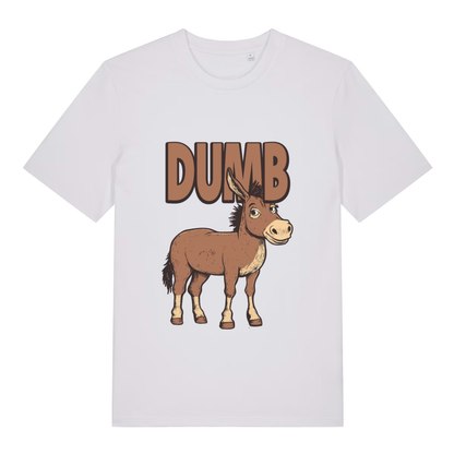 White women's Dumb Ass T-shirt flat lay with clean donkey "Dumb Ass" slogan design