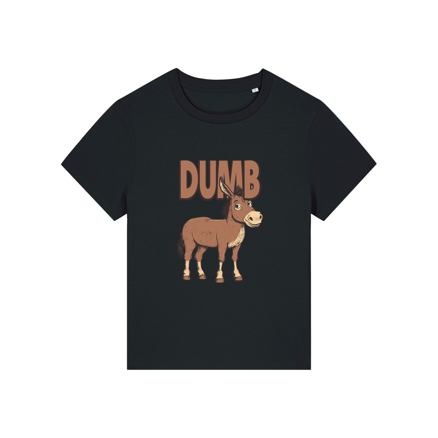 black funny animal t-shirt with the graphic of a cartoon donkey and the word 'dumb'
